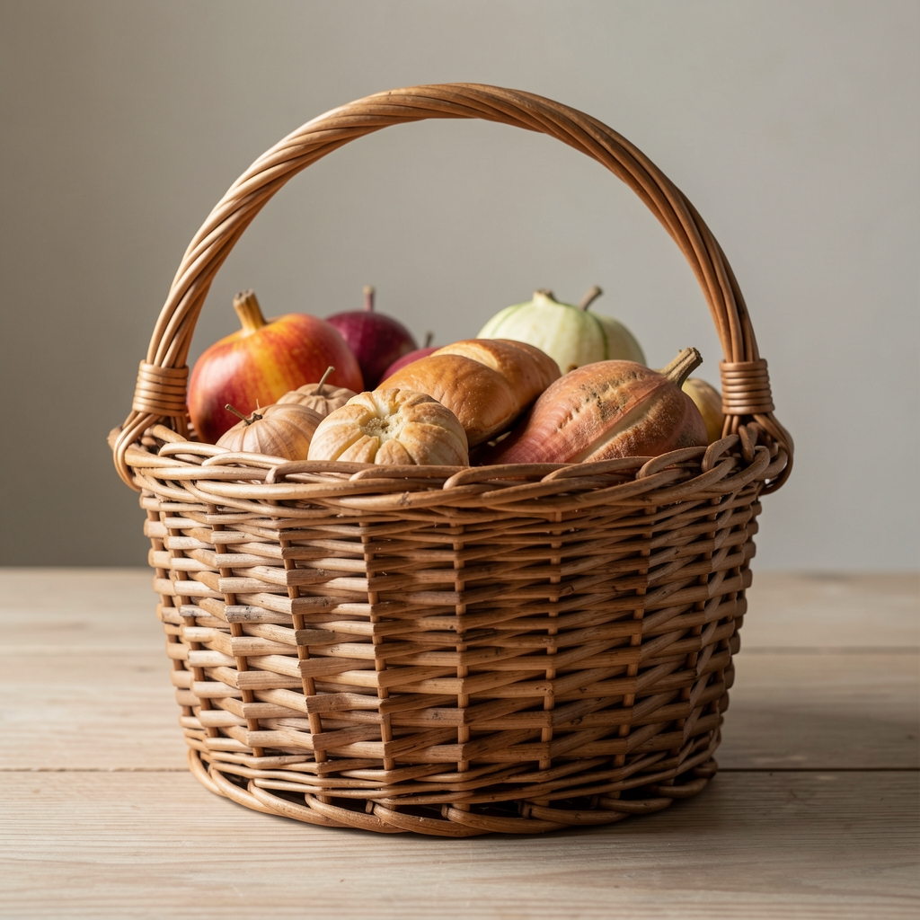 Panier en osier rempli d'agrumes variés posé sur une table de cuisine en bois clair