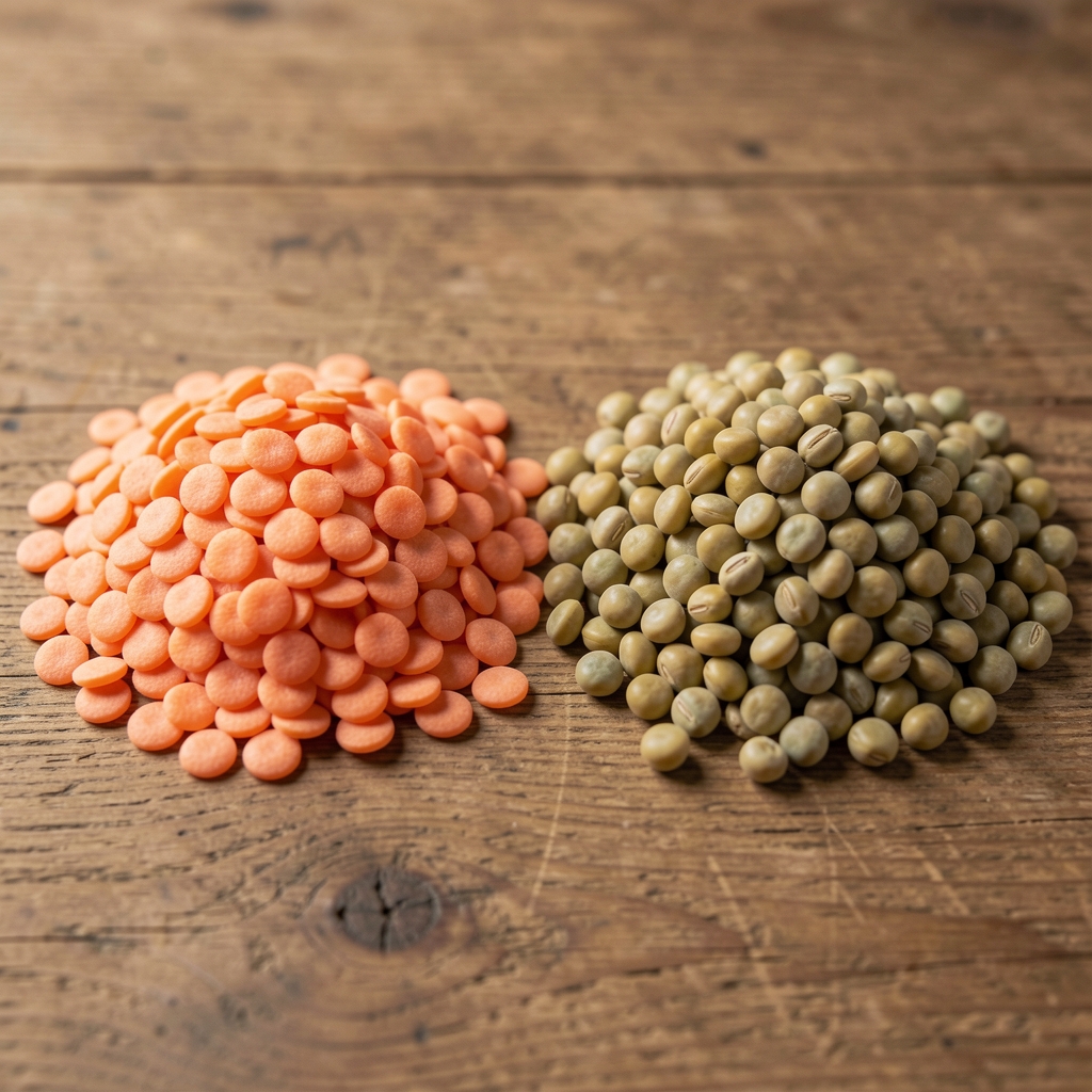 Bols de lentilles corail et de pois chiches crus disposés côte à côte sur une table en bois
