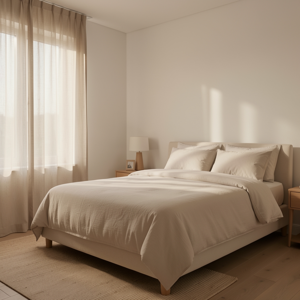 Chambre épurée avec lit fait et lumière douce du matin filtrant à travers un rideau en lin