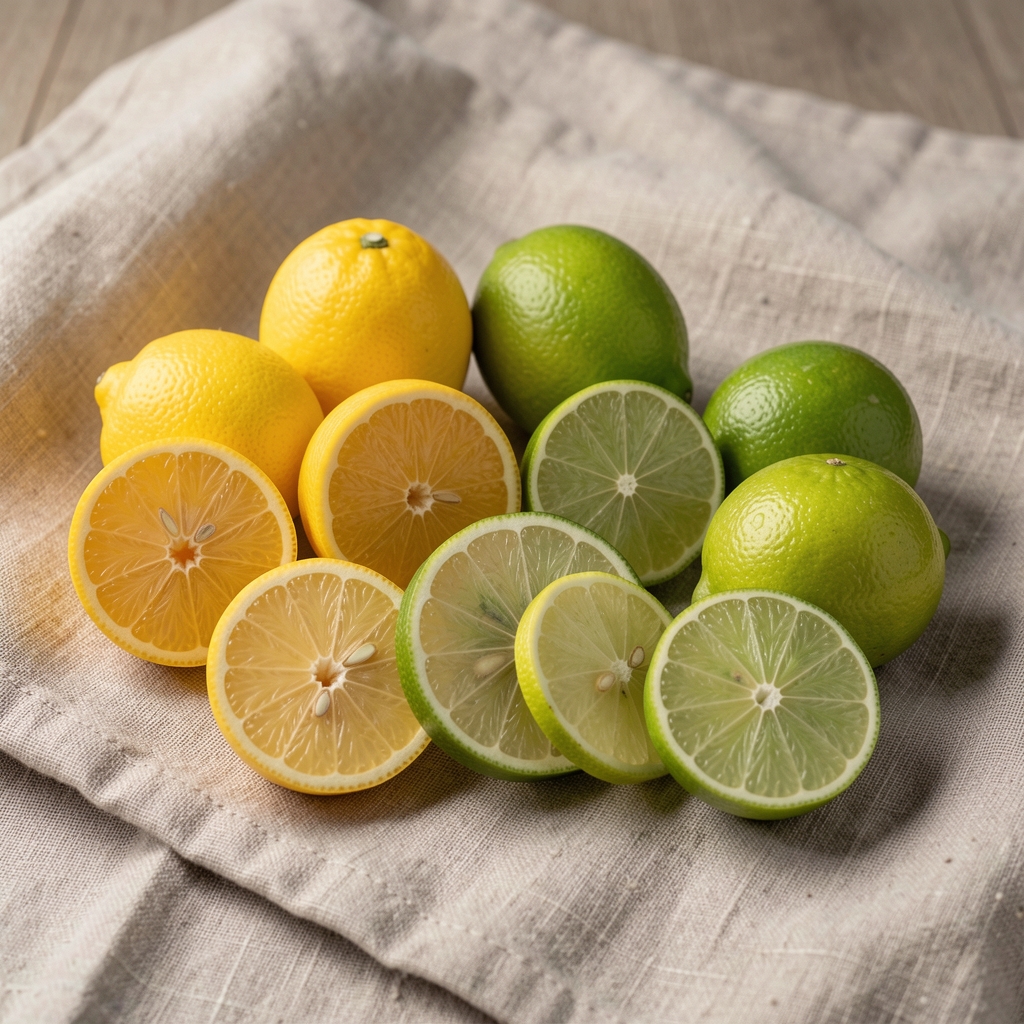 Citrons jaunes et limes vertes disposés en éventail sur un linge en lin