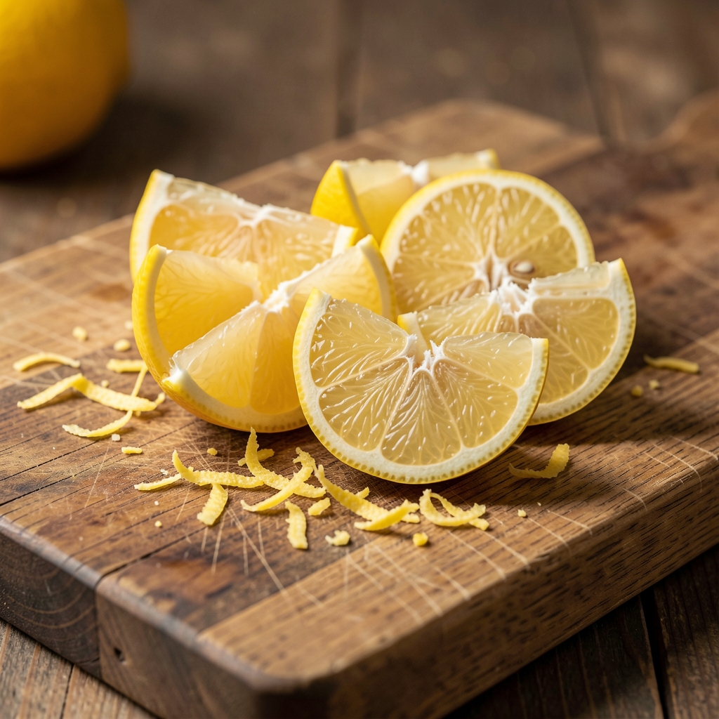 Citrons coupés en quartiers et zeste râpé sur une planche à découper en bois