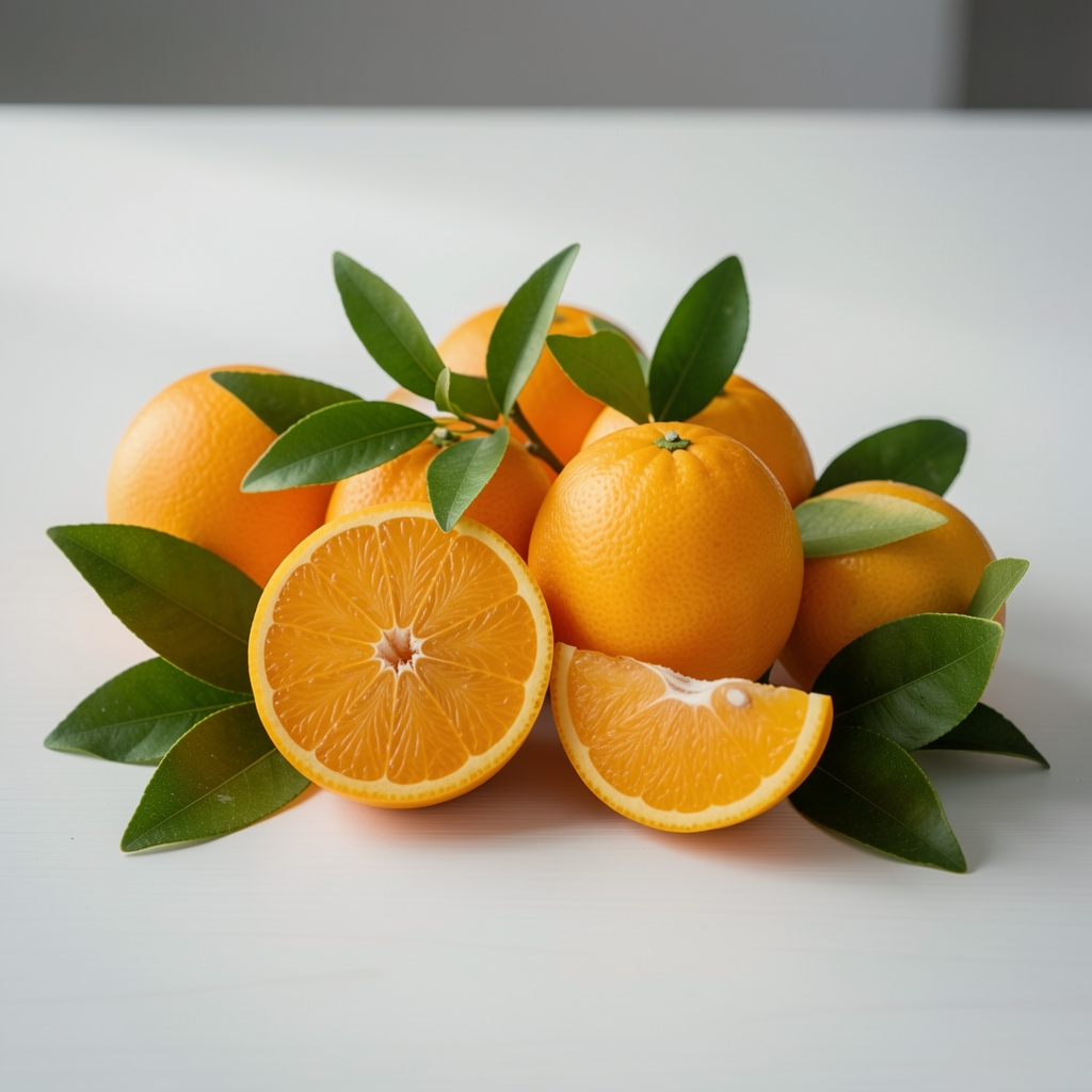 Agrumes entiers et coupés avec feuilles vertes sur une table claire