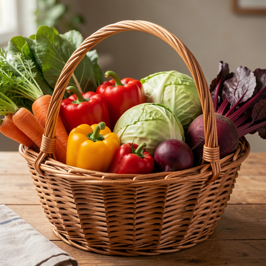 Panier en osier rempli de légumes colorés variés : carottes, poivrons, choux et betteraves