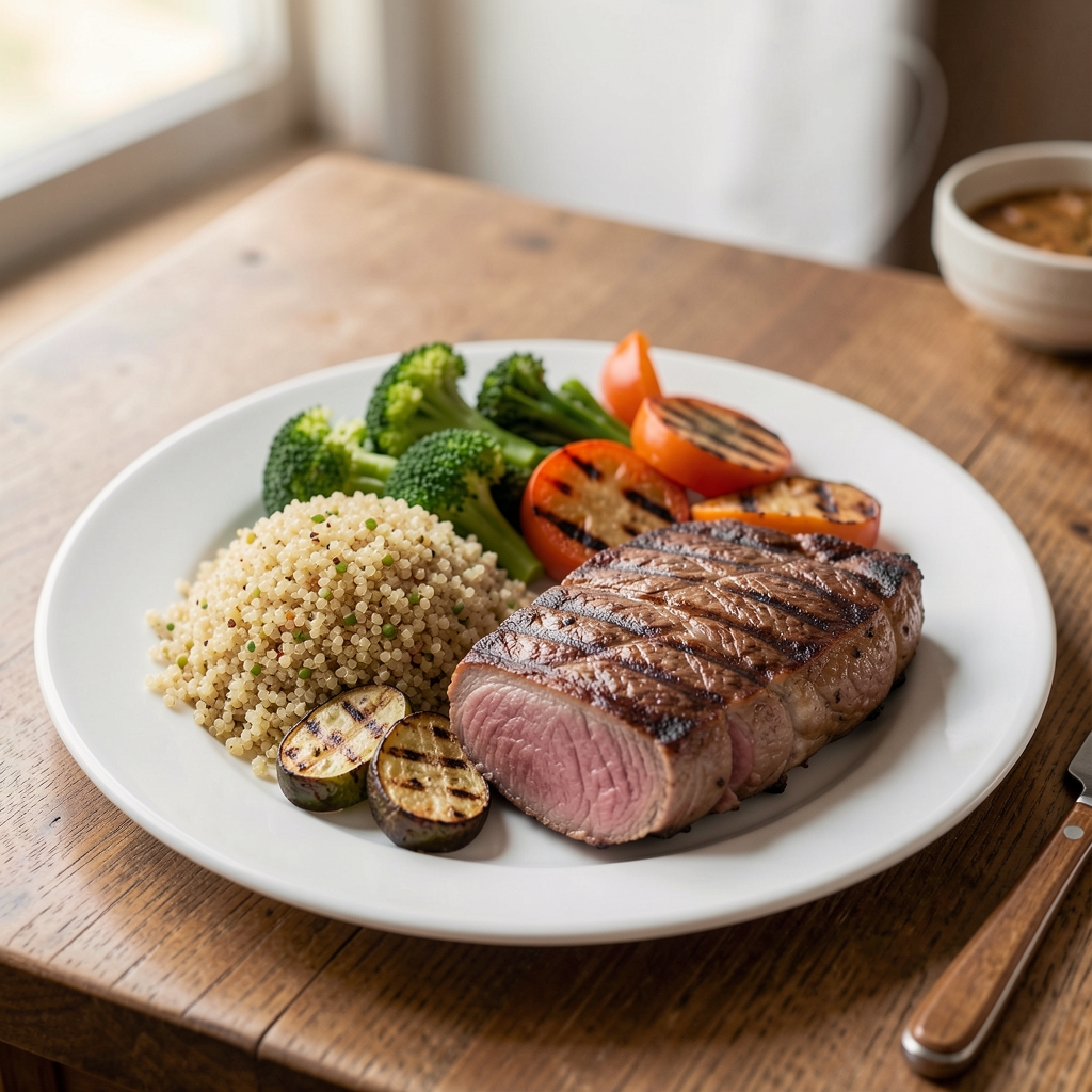 Assiette équilibrée avec quinoa, légumes grillés et filet d'huile d'olive vue de dessus