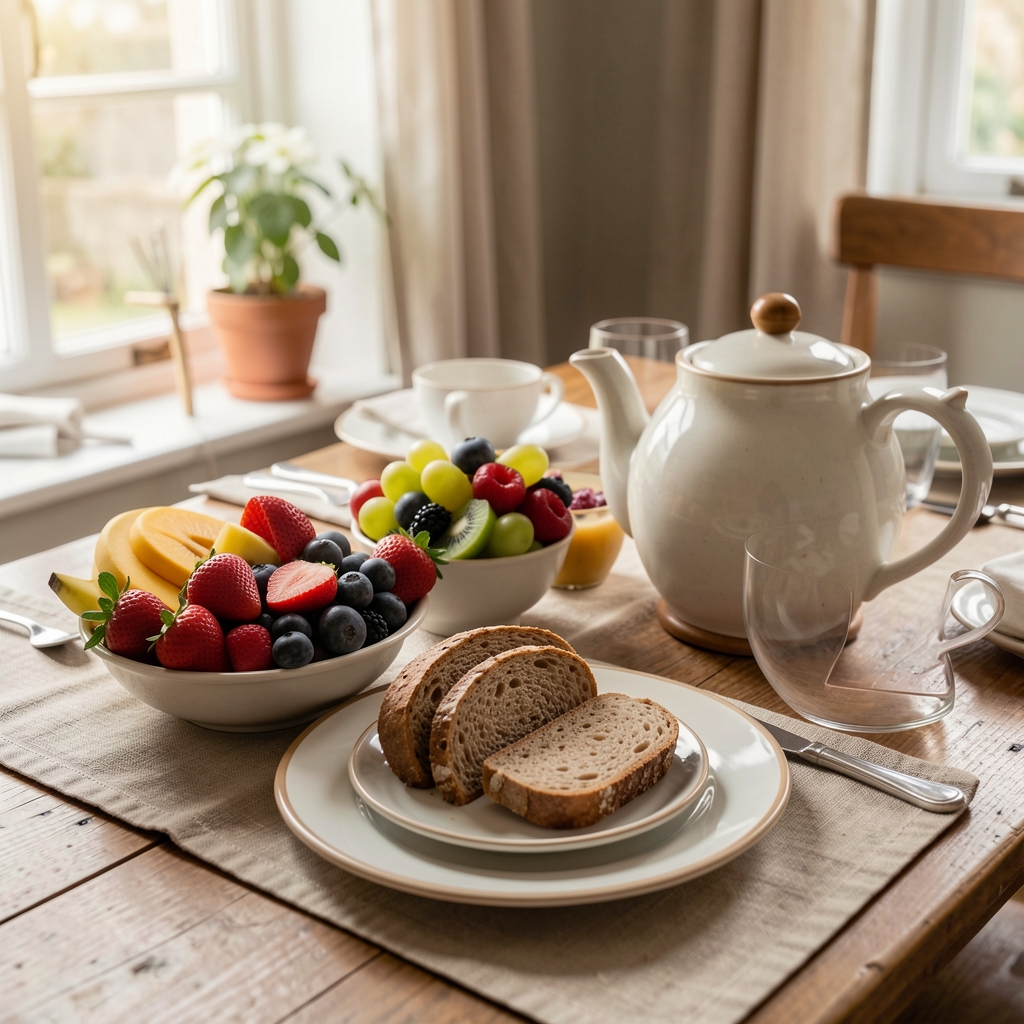 Table de petit-déjeuner dressée avec des fruits frais, du pain complet et une théière en céramique