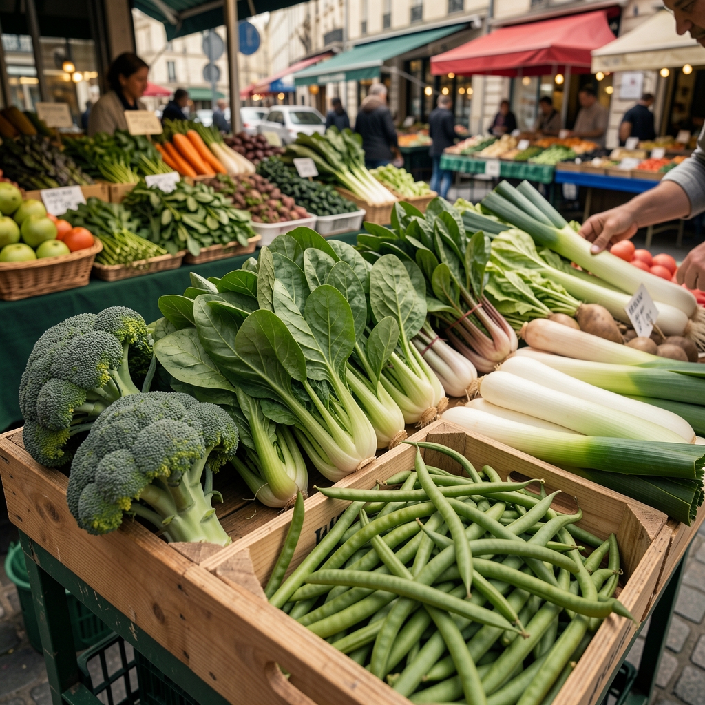 Étal de marché français avec brocoli, épinards, poireaux et haricots verts frais