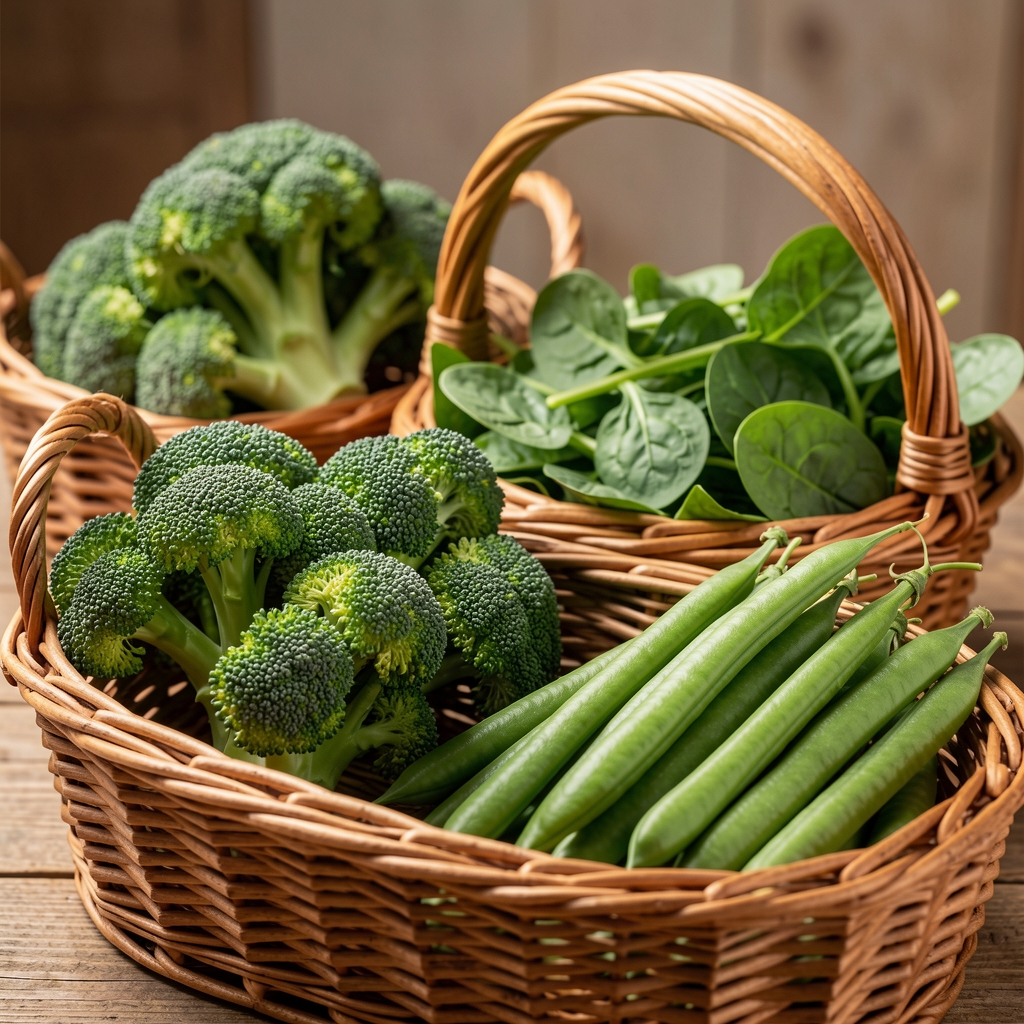 Brocoli, épinards et haricots verts frais disposés dans des paniers en osier