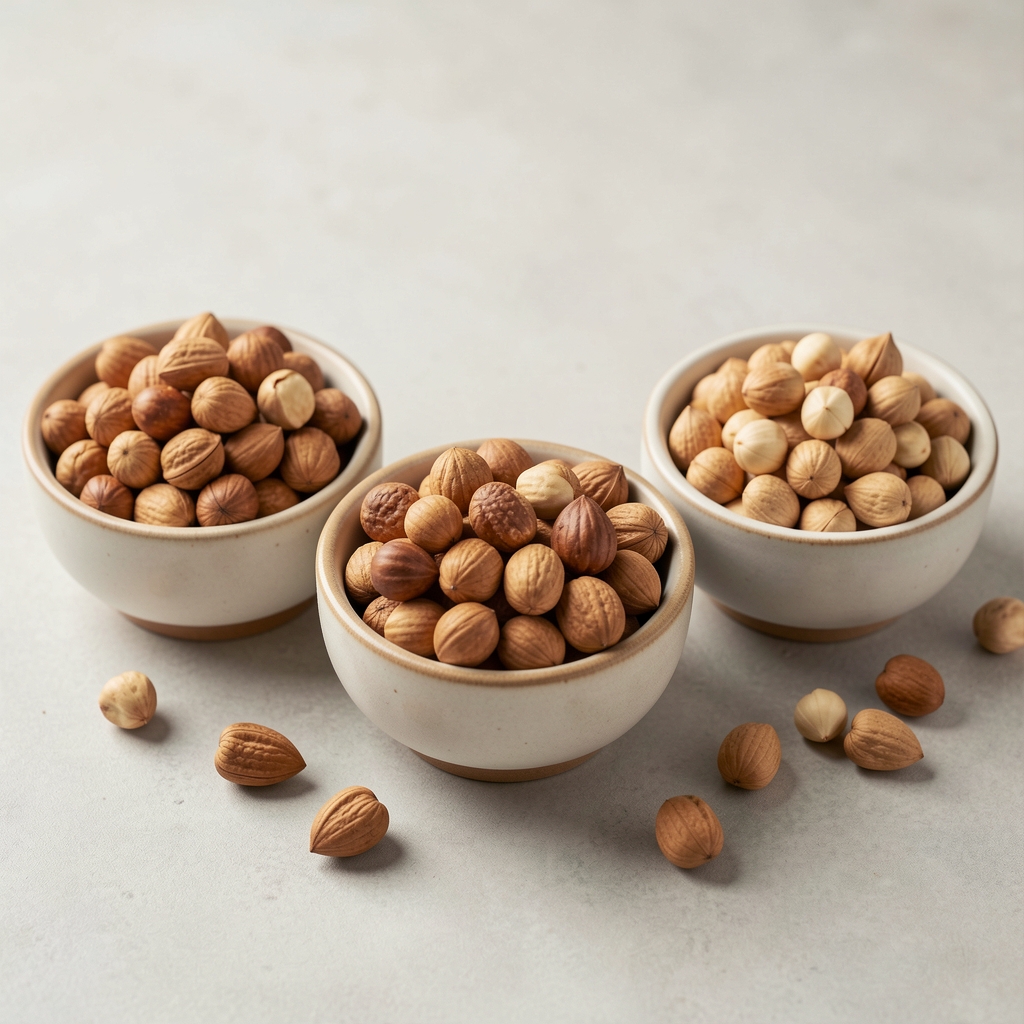 Amandes, noix et noisettes non salées dans trois petits bols en céramique