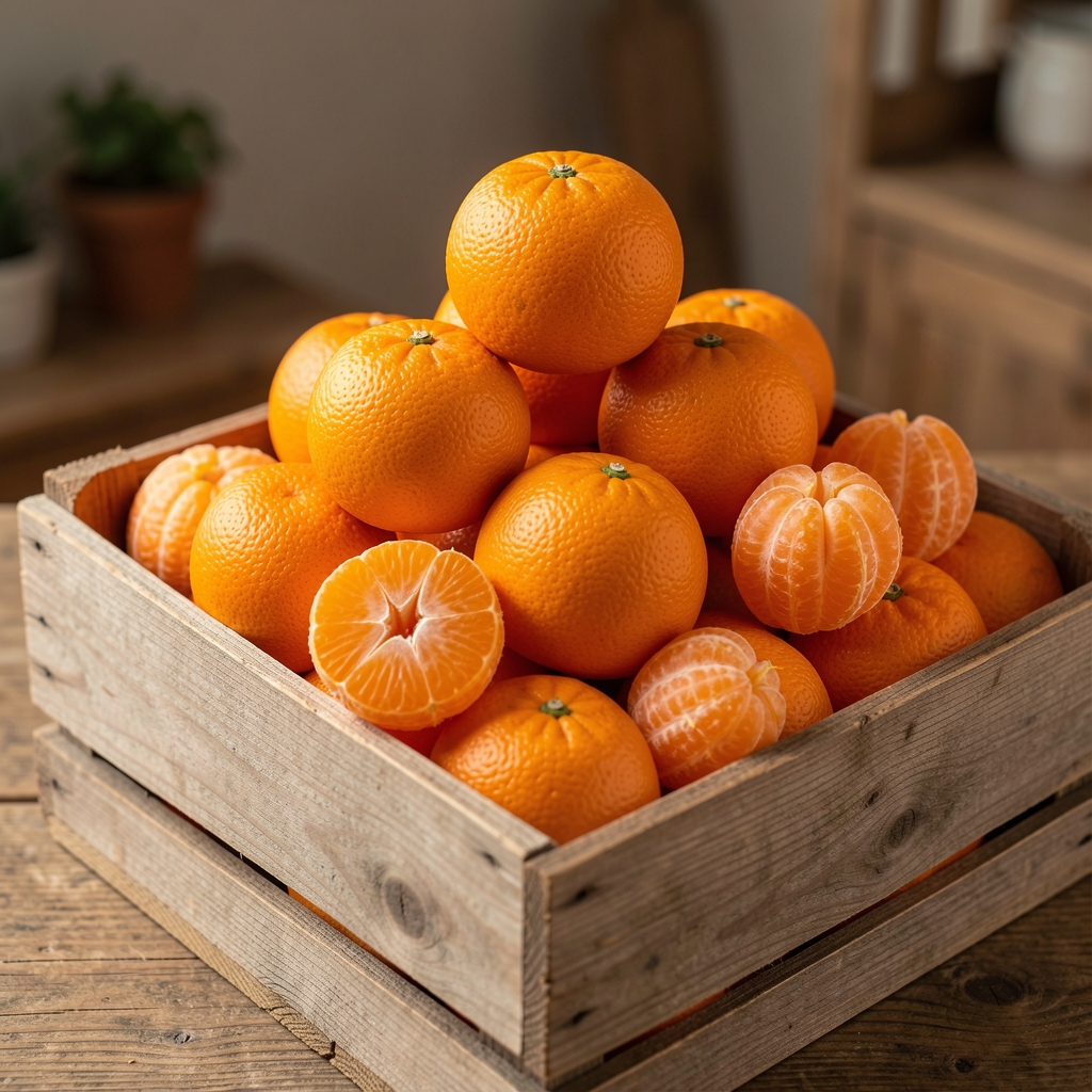 Oranges et clémentines entières empilées dans un cageot en bois
