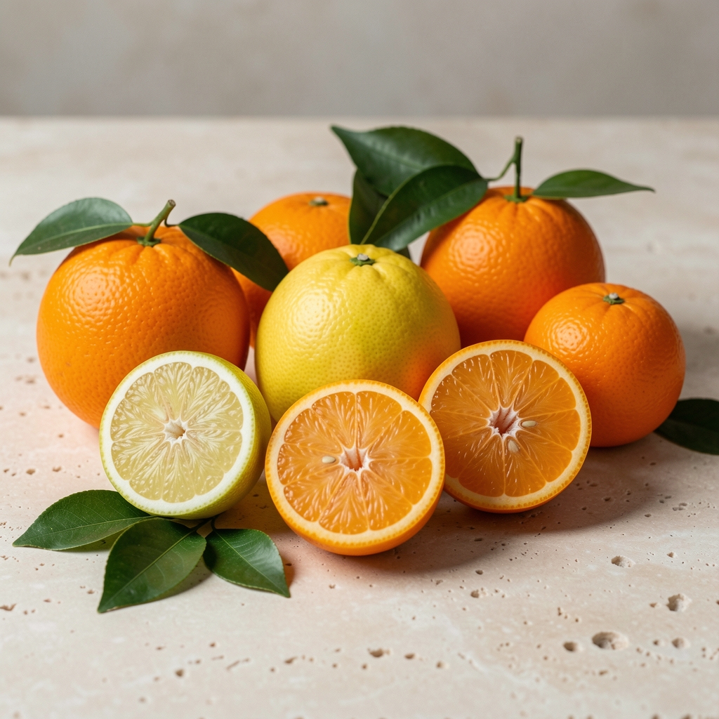 Oranges, citrons et clémentines frais avec feuillage sur une table en pierre claire
