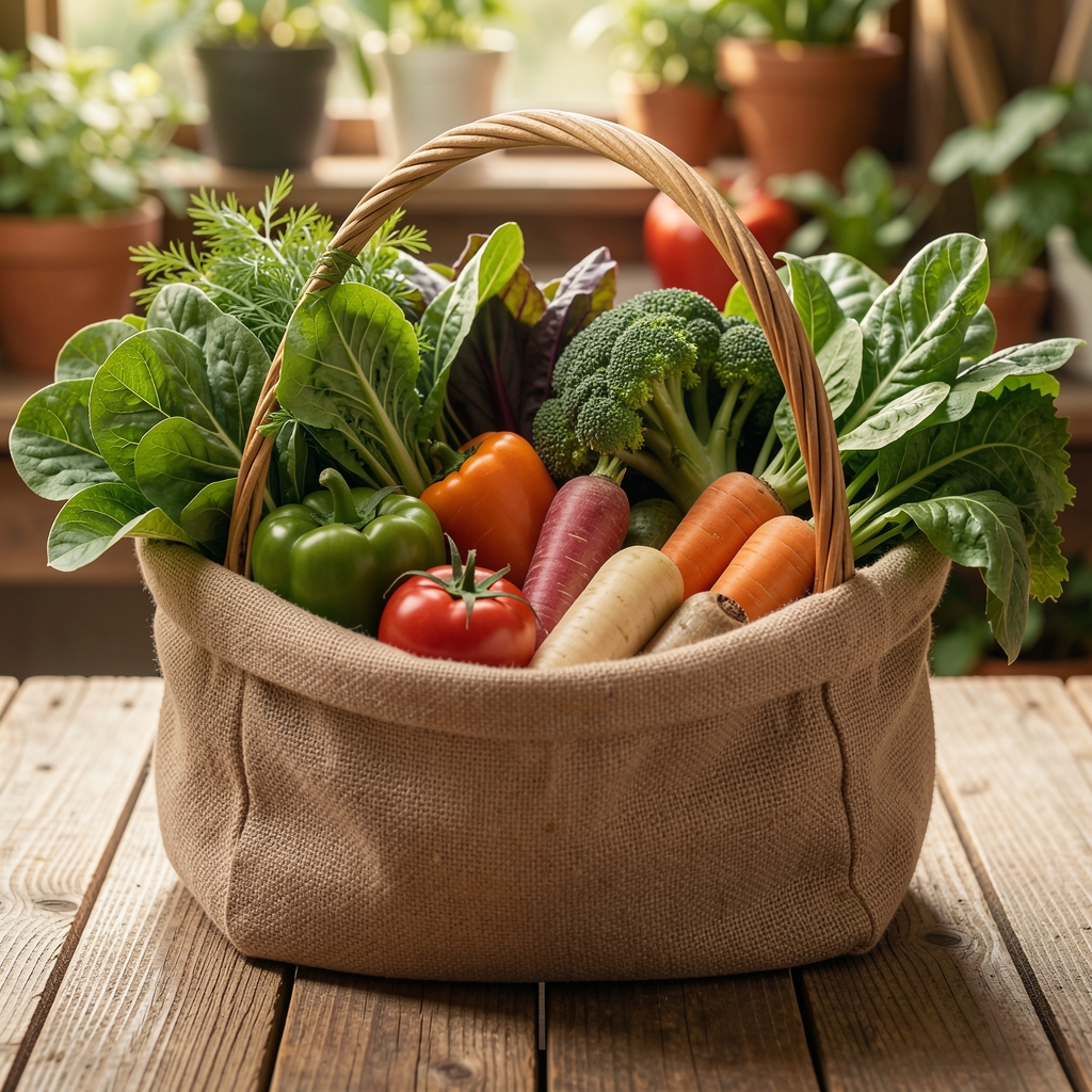Panier en toile rempli de légumes verts variés fraîchement récoltés